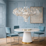 BUTTERFLY 10 LIGHTS CHANDELIER WHITE with handmade porcelain roses, butterflies, and leaves on a lacquered brass frame, inverted form, handmade in Italy