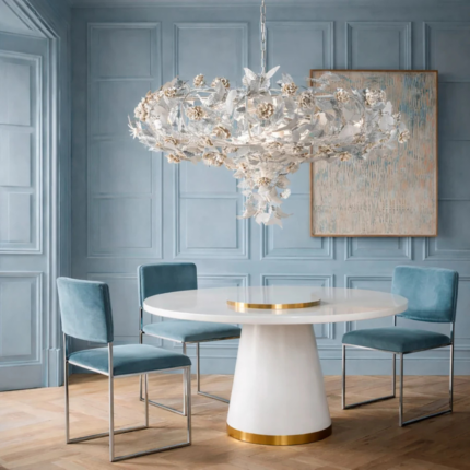 BUTTERFLY 10 LIGHTS CHANDELIER WHITE with handmade porcelain roses, butterflies, and leaves on a lacquered brass frame, inverted form, handmade in Italy