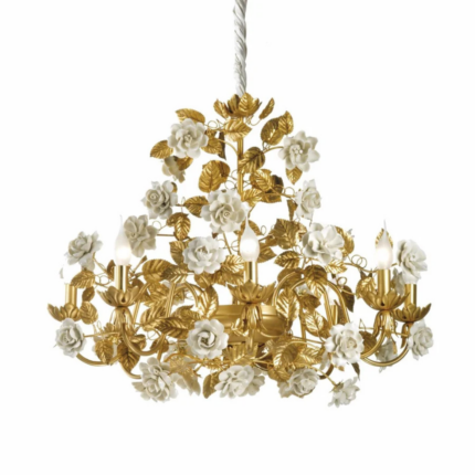 MARIE ANTOINETTE 8 LIGHTS CHANDELIER WHITE with 24ct gold-plated brass arms, handmade white porcelain roses, and sculptural gold leaf detailing