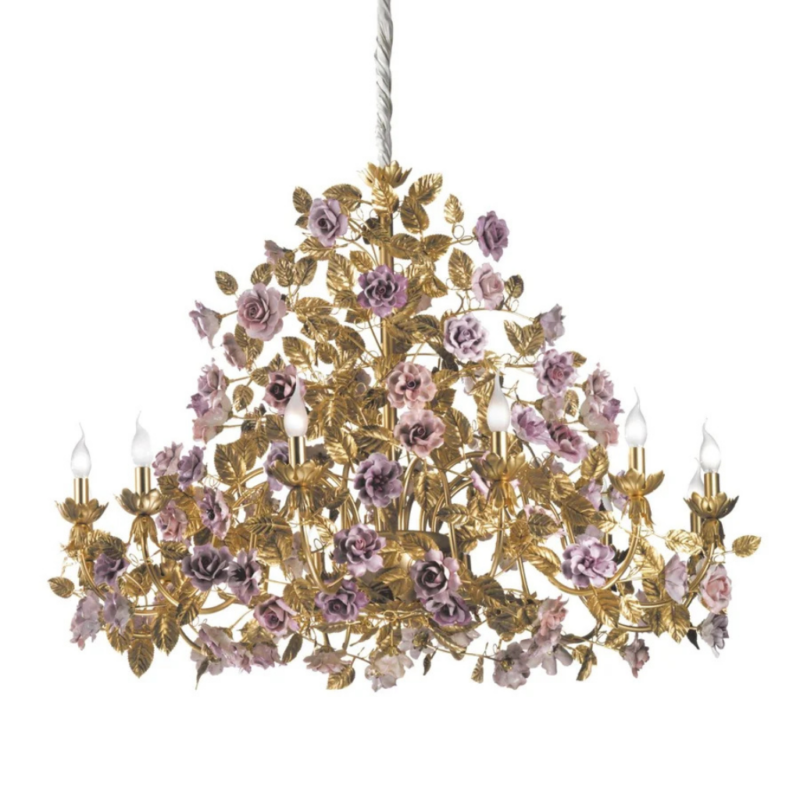MARIE ANTOINETTE 12 LIGHT CHANDELIER GOLD PINK with 24ct gold-plated brass, sculpted gold leaf arms, and handmade pastel pink porcelain roses, made in Italy