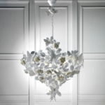 BUTTERFLY 8 LIGHT CHANDELIER WHITE with handmade porcelain roses, butterflies, and trailing leaves on a lacquered brass inverted frame, made in Italy