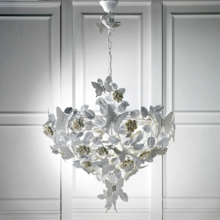 BUTTERFLY 8 LIGHT CHANDELIER WHITE with handmade porcelain roses, butterflies, and trailing leaves on a lacquered brass inverted frame, made in Italy