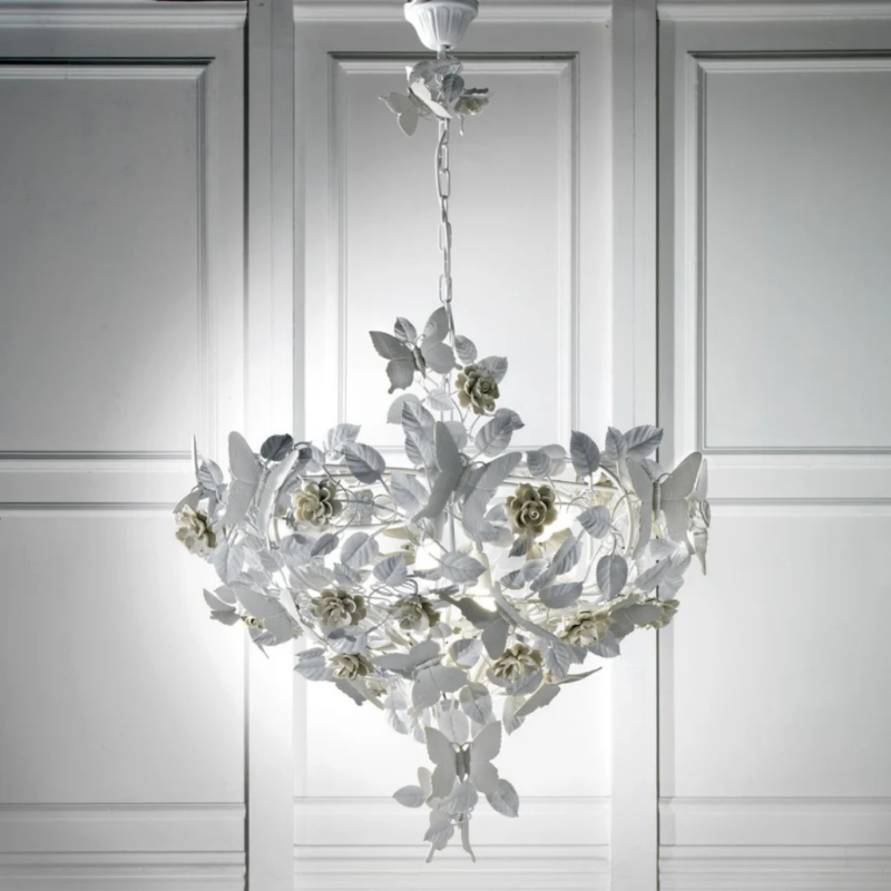 BUTTERFLY 8 LIGHT CHANDELIER WHITE with handmade porcelain roses, butterflies, and trailing leaves on a lacquered brass inverted frame, made in Italy