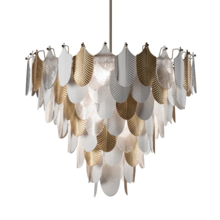 PEACOCK LARGE CHANDELIER 18 LIGHTS SANTORINI with feather-shaped white porcelain and 24ct gold shades and Murano glass on a brass frame, handmade in Italy