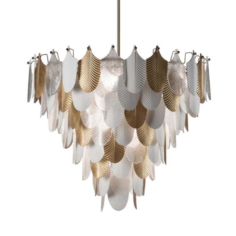 PEACOCK LARGE CHANDELIER 18 LIGHTS SANTORINI with feather-shaped white porcelain and 24ct gold shades and Murano glass on a brass frame, handmade in Italy