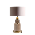 LOLITE SILVY TABLE LAMP BROWN with stacked Murano glass and ribbed porcelain stem, 24ct gold detailing, and taupe velvet drum shade, handmade in Italy