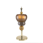 GINEVRA TABLE LAMP BROWN GOLD with amber Murano glass dome shade, grey porcelain sphere, ribbed gold orb, and 24ct gold-plated brass stem and base