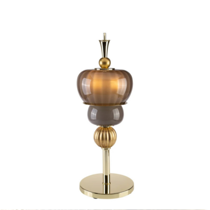 GINEVRA TABLE LAMP BROWN GOLD with amber Murano glass dome shade, grey porcelain sphere, ribbed gold orb, and 24ct gold-plated brass stem and base