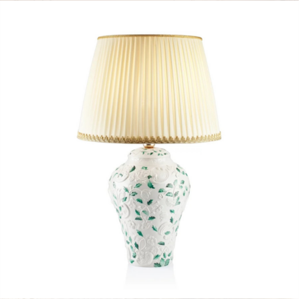 TAOMINA TABLE LAMP EMERALD GREEN WHITE with raised relief botanical motifs hand-painted in emerald green, and pleated cream silk shade with gold trim