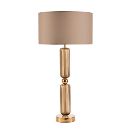 MONICA B TABLE LAMP TABACCO GOLD with two stacked fluted amber Murano glass cylinders, polished gold ball connector, disc base, and taupe drum shade