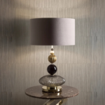 PAUL TABLE LAMP BLACK GOLD — stacked Murano glass, porcelain, and crystal on antique gold brass base with drum shade, handmade in Italy