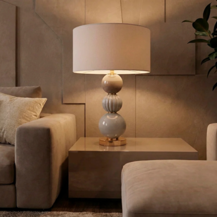 LADY V TABACCO TABLE LAMP with stacked Murano glass and porcelain spheres in tobacco grey on 24ct gold brass base, handmade in Italy
