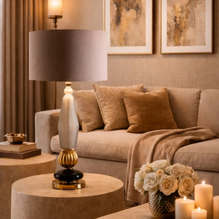 CARY TABLE LAMP BLACK GOLD — ribbed Murano glass column, gold sphere, black porcelain orb on antique gold brass base, handmade in Italy