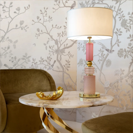 LOLITE FIFI TABLE LAMP PINK with ribbed Murano glass column, diamond-textured porcelain cylinder, and 24ct gold brass base, handmade in Italy