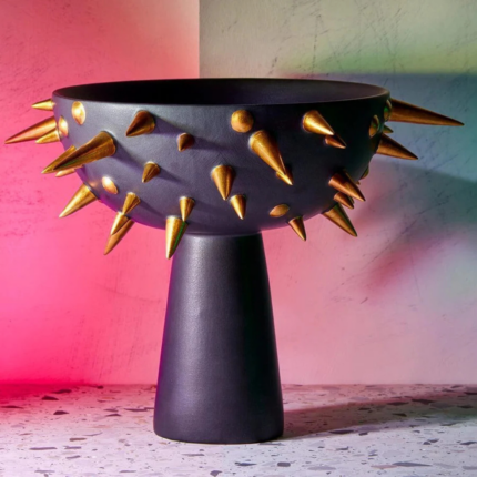 CELESTIAL BOWL ON STAND with hand-painted gold spikes — 11.75"D × 8.5"H, bold sculptural decor piece
