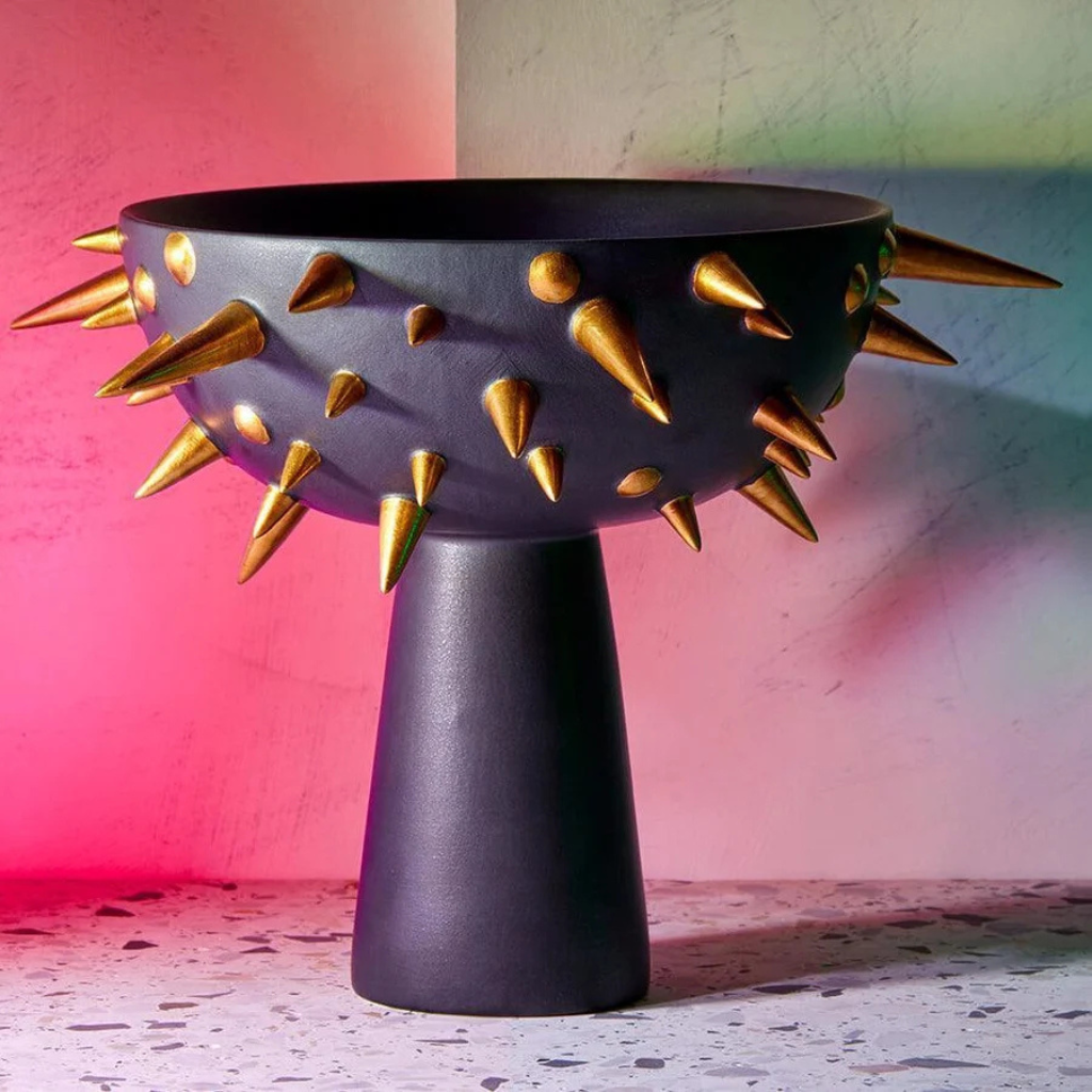 CELESTIAL BOWL ON STAND with hand-painted gold spikes — 11.75"D × 8.5"H, bold sculptural decor piece CELESTIAL BOWL ON STAND with hand-painted gold spikes — 11.75"D × 8.5"H, bold sculptural decor piece