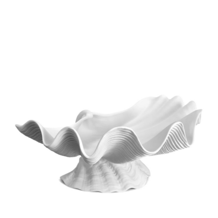 NEPTUNE BOWL WHITE in shell form with intricate ribbed detail — available in medium, large, and x-large, luxury decorative vessel