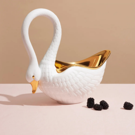 SWAN BOWL WHITE with hand-gilded 24K gold interior and beak, intricate feather detail — available in 3 sizes, luxury gift boxed