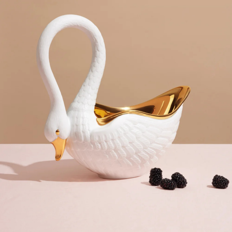 SWAN BOWL WHITE with hand-gilded 24K gold interior and beak, intricate feather detail — available in 3 sizes, luxury gift boxed