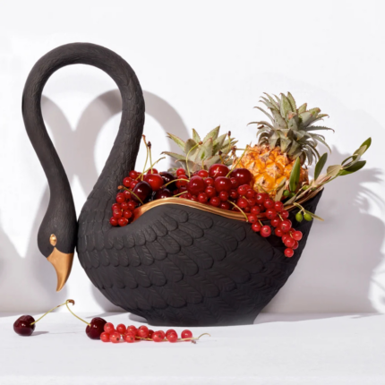 SWAN BOWL BLACK with 24K gold beak and rim, intricate feather detail — available in salt cellar, medium, and large sizes