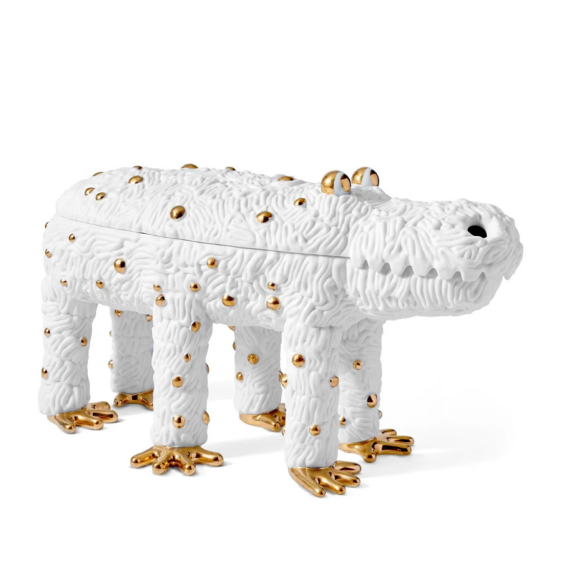 HAAS PEDRO THE CROC BOX with 24K gold feet and stud accents, six-legged lidded vessel — 16×6.25×9.25 inches luxury sculpture
