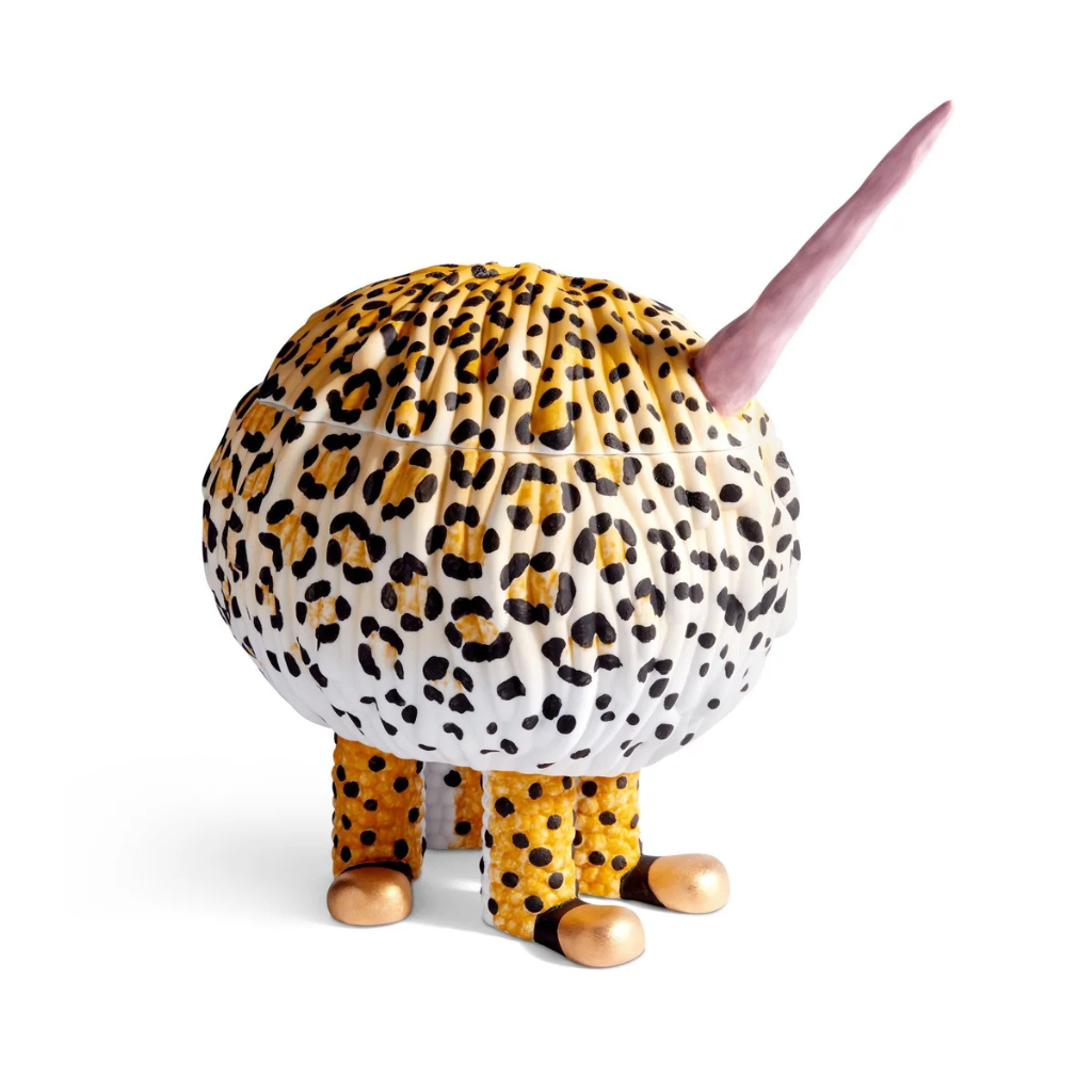 HAAS SECOND SKIN YELLOW LEOPARD MONSTER on four spotted legs with gold feet and a pink horn HAAS SECOND SKIN YELLOW LEOPARD MONSTER on four spotted legs with gold feet and a pink horn