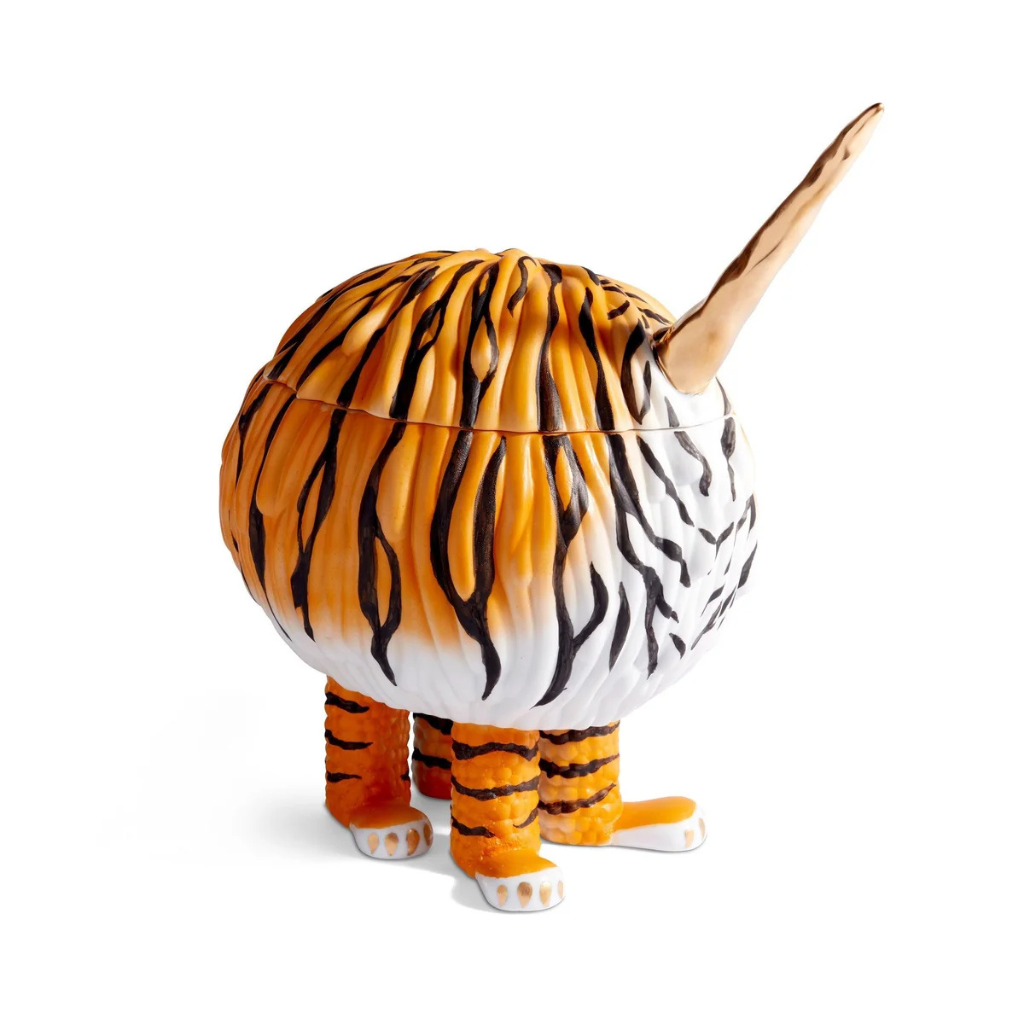 HAAS GOLD HORN TIGER VESSEL with orange, black and white hand-painted pattern, four pawed legs, and a rising gold horn HAAS GOLD HORN TIGER VESSEL with orange, black and white hand-painted pattern, four pawed legs, and a rising gold horn