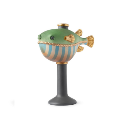 CANDLEHOLDER PUFFERFISH MOD B with gold fins and rope detail on a dark grey chalice pedestal