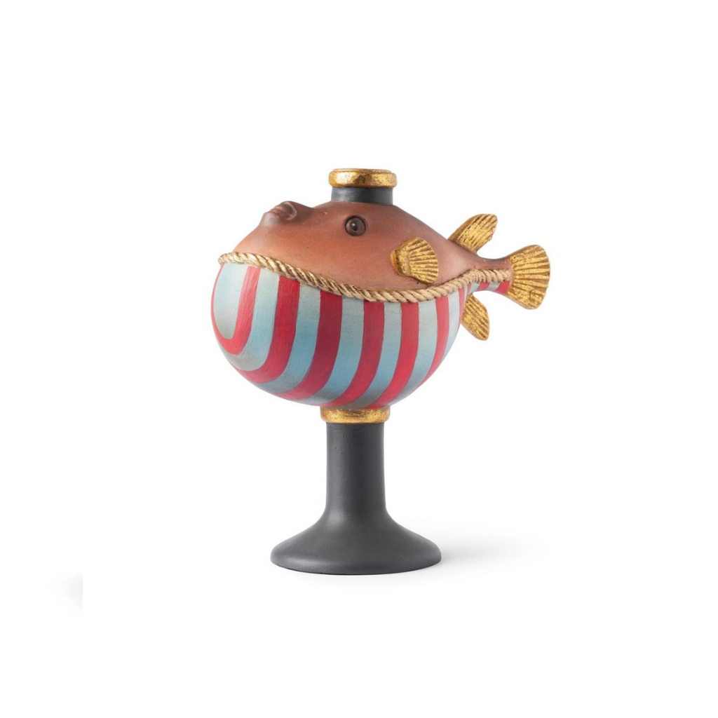 CANDLEHOLDER PUFFERFISH MOD C with gold fins and rope detail on a dark grey pedestal CANDLEHOLDER PUFFERFISH MOD C with gold fins and rope detail on a dark grey pedestal