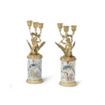 CANDLEHOLDERS ARIEL on hand-painted porcelain columns with exotic bird and floral chinoiserie decoration