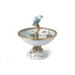 BOWL ATLANTIDE MINI with hand-painted cherry blossom, gold rope rim, and bronze branch with blue bird finial