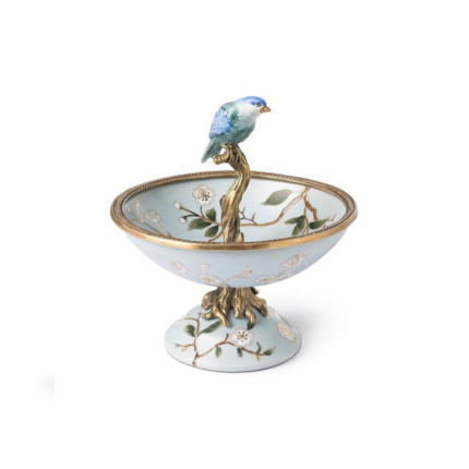 BOWL ATLANTIDE MINI with hand-painted cherry blossom, gold rope rim, and bronze branch with blue bird finial