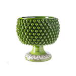 VASE PIGNA GREEN with raised pinecone scale texture and white hand-painted botanical pedestal base