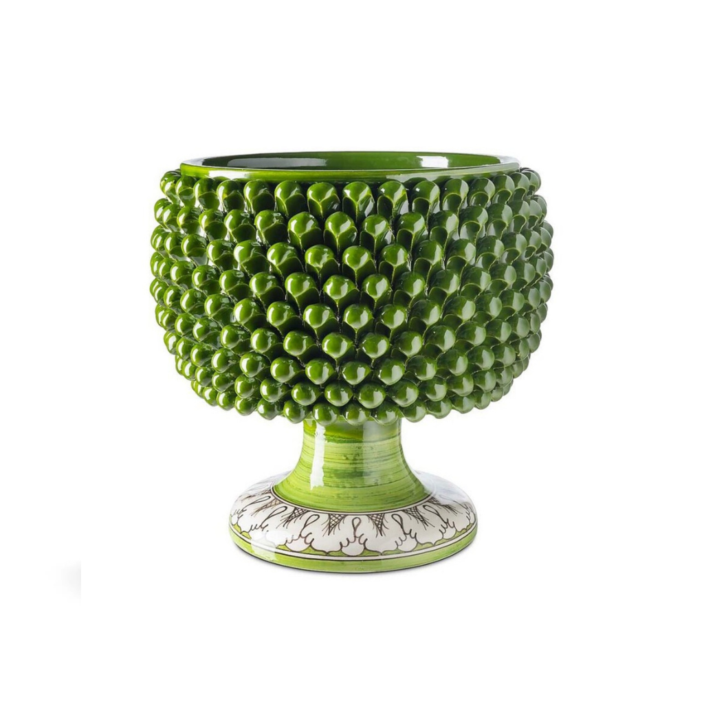 VASE PIGNA GREEN with raised pinecone scale texture and white hand-painted botanical pedestal base VASE PIGNA GREEN with raised pinecone scale texture and white hand-painted botanical pedestal base
