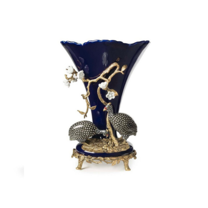 VASE ARIEL FLOWER with gold bronze branch and white flower detail, two polka-dot guinea fowl, and ornate footed bronze base