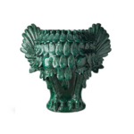 VASE OWL COPPER GREEN with dramatic spread feathered wings, layered teardrop feather texture, and open fluted rim