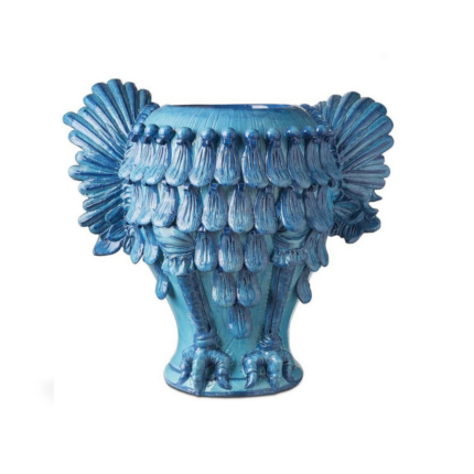 VASE OWL LIGHT BLUE with dramatic spread feathered wings, layered teardrop feather texture, and open rounded rim